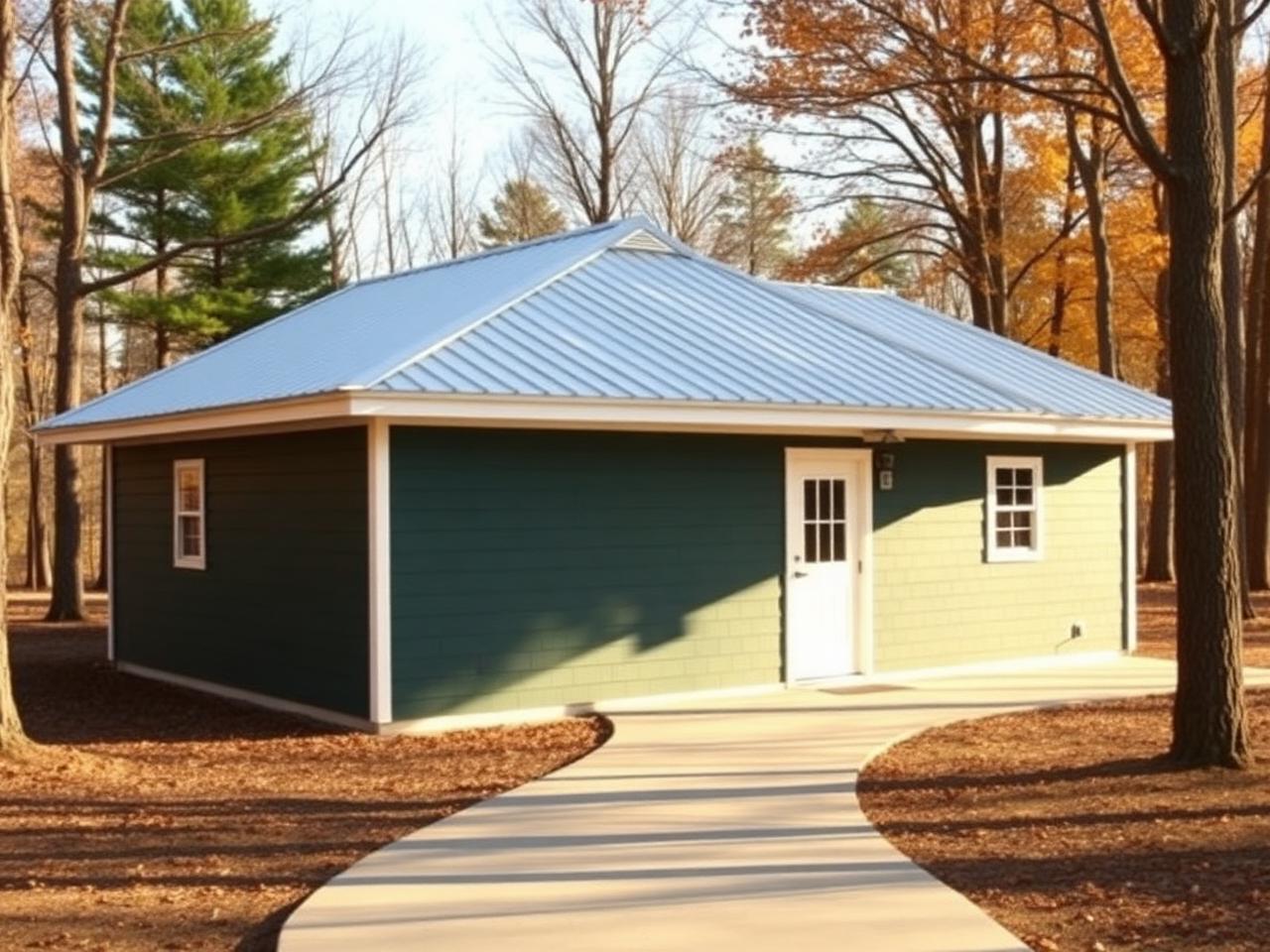 Modern green and cream bathhouse building at the park