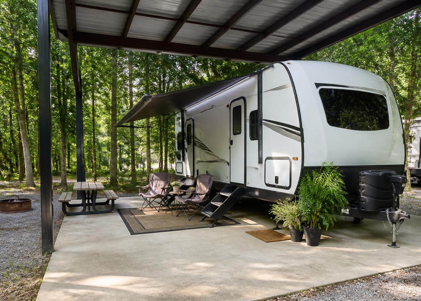 Covered RV slip with steel roof over a concrete pad