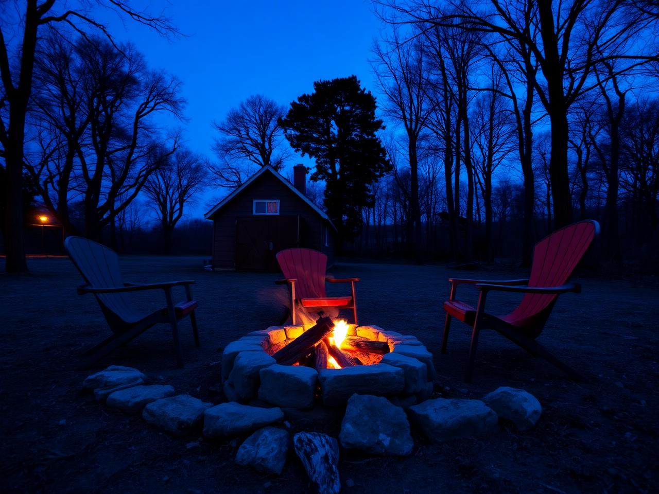 Stone fire ring with an evening campfire and camp chairs